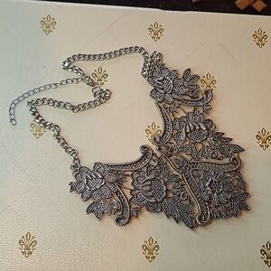 Silvertone Filigree Floral Metal Lace Statement Necklace